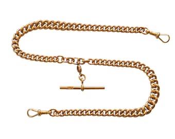 Könnte beinhalten: Eine goldene Taschenuhrkette mit einem T-Bar-Verschluss. Die Kette besteht aus einem dicken, verlinkten Design.