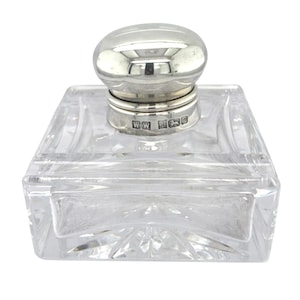 Vintage Glass Inkwell with Silver Lid