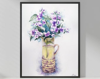 Purple Jasmine Flowers in Vase with Turquoise and Yellow Accent, Mother's day, art objects, botanical wall art, apartment decor aesthetic