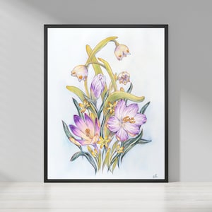 Dipinto di croco viola, regali di Natale, decorazione estetica per la stanza, opera d'arte murale in un unico pezzo, decorazione per appartamento, fiori acquerellati, dipinto originale