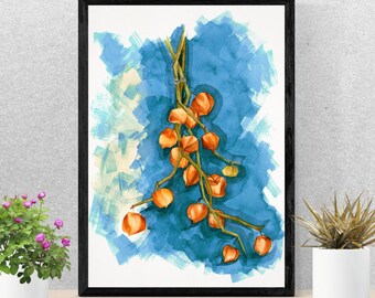 Physalis print, ukrainian painting, light academia decor, flower market print, danish pastel decor, college apartment decor, trendy wall art