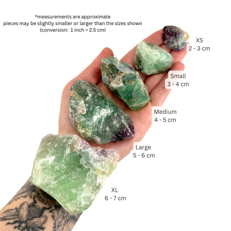 K&ouml;nnte beinhalten: Eine Hand h&auml;lt verschiedene Gr&ouml;&szlig;en gr&uuml;ner Fluoritkristalle. Die Kristalle reichen von 2-3 cm bis 6-7 cm. Der Text "*Ma&szlig;e sind ann&auml;hernd, die St&uuml;cke k&ouml;nnen etwas kleiner oder gr&ouml;&szlig;er sein als die angegebenen Gr&ouml;&szlig;en (Umrechnung: 1 Zoll = 2,5 cm)" ist im Bild sichtbar.