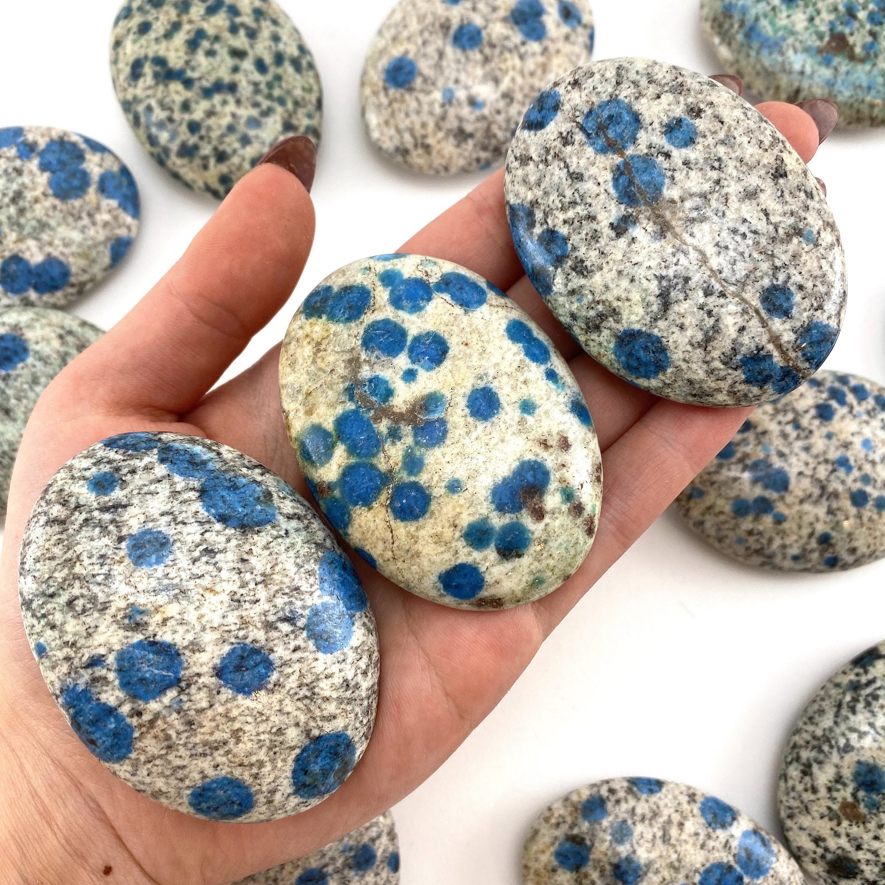 K2 Jasper Palm Stone | Polished Blue Dot Crystal Worry Stone (Third Eye Chakra)