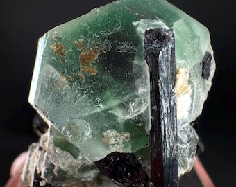 Fluorit mit Schörl und Muskovit | Lutscherförmiges, grünes Kristallfragment aus Namibia