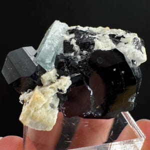 Beryl var. Aquamarine w/ Black Tourmaline (Namibia) | natural aquamarine crystal, mineral specimen