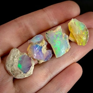 May include: Four raw opal gemstones in shades of green, yellow, and purple. The opals are rough-cut, displaying their natural, unpolished textures. The gemstones are held in a hand against a dark background.