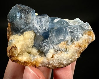 Blue Celestite on Calcite (Afghanistan), terminated celestite cluster, dark blue celestite, mineral specimen, natural celestite