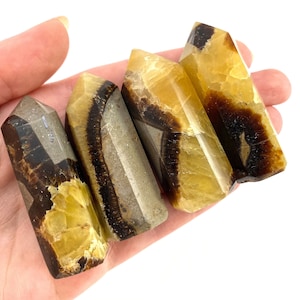 May include: Four yellow and brown banded calcite crystal points, also known as septarian calcite, are arranged in a row in a hand. The points are polished and have a smooth, glassy finish.