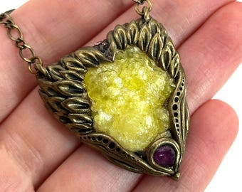 Brucite & Rhodolite Garnet Necklace, crystal pendant, gemstone necklace
