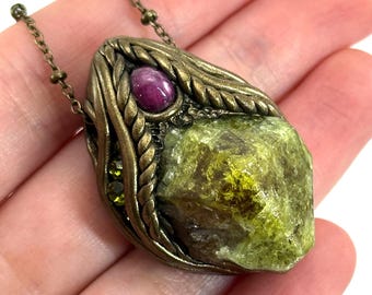 Grossular Garnet & Star Ruby Necklace, crystal pendant, gemstone necklace