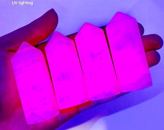 Mangano Calcite Point | pink UV reactive crystal tower, polished natural gemstone wand, fluorescent mineral