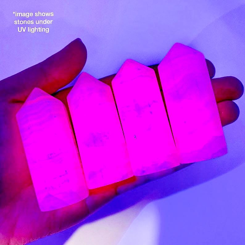 Mangano Calcite Point | pink UV reactive crystal tower, polished natural gemstone wand, fluorescent mineral image 1