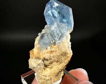 Blue Celestite on Calcite (Afghanistan), terminated celestite cluster, dark blue celestite, mineral specimen, natural celestite