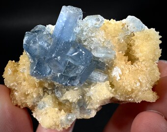 Blue Celestite on Calcite (Afghanistan), terminated celestite cluster, dark blue celestite, mineral specimen, natural celestite