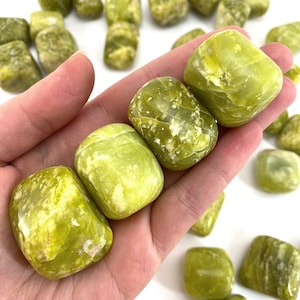 May include: A collection of green serpentine tumbled stones. The stones are smooth and polished, with a variety of green shades and patterns.