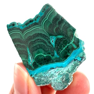 May include: A polished malachite stone with a vibrant mix of dark and light greens, and a band of turquoise blue. The natural stone displays intricate swirling patterns and textures, showcasing its unique mineral composition. The stone is held by a hand.