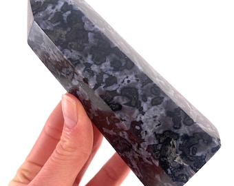 Indigo Gabbro Point, merlinite point, Gabbro Palm stone, Merlinite tower, Indigo Gabbro, crystal point