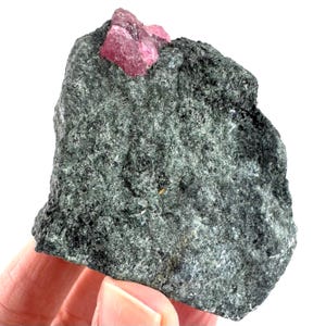 Può includere: Una formazione rocciosa ruvida, grigio scuro, con un gruppo di cristalli rosa brillante sulla parte superiore. I cristalli hanno una consistenza leggermente ruvida e contrastano con la roccia di base più scura e strutturata. Esemplare minerale naturale.