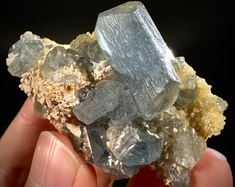 Blue Celestite on Calcite (Afghanistan), terminated celestite cluster, dark blue celestite, mineral specimen, natural celestite