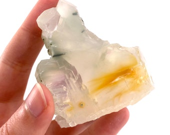 Yellow bone quartz cluster with epidote inclusions (Pakistan) | halloysite quartz, epidote quartz, green epidote, mango quartz
