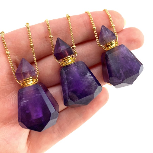 Amethyst Bottle Necklace, crystal bottle necklace, essential oil bottle pendant, gemstone perfume necklace