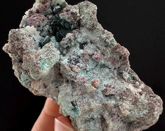 マラカイト母岩標本上のブドウ状クリソコラ、原石マラカイトおよび