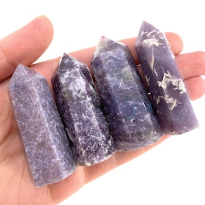 May include: Five purple lepidolite crystal points with a natural, raw finish. The points are arranged in a row, with the tips pointing towards the right. The crystals have a variety of shades of purple, from light to dark.