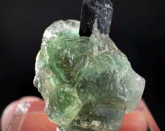 Fluorit mit schwarzem Turmalin | Lutschertasche, grüner Kristall, Mineralienprobe aus Namibia