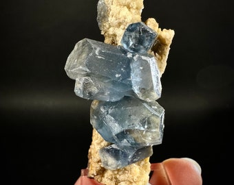 Blue Celestite on Calcite (Afghanistan), terminated celestite cluster, dark blue celestite, mineral specimen, natural celestite