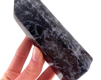 Indigo Gabbro Point, merlinite point, Gabbro Palm stone, Merlinite tower, Indigo Gabbro, crystal point