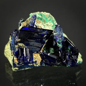 Azurite w/ Malachite (Tsumeb, Namibia), azurite crystal, mineral specimen