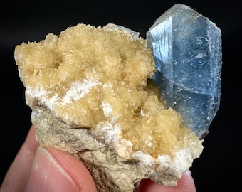 Blue Celestite on Calcite (Afghanistan), terminated celestite cluster, dark blue celestite, mineral specimen, natural celestite