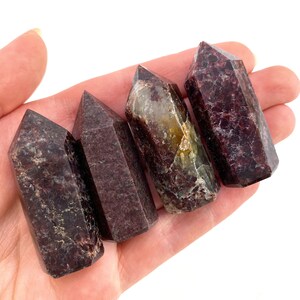 May include: Four red and brown gemstone points, also known as red and brown jasper, are arranged in a row on a hand. The points are all about the same size and shape, and they have a smooth, polished finish.