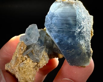 Blue Celestite on Calcite (Afghanistan), terminated celestite cluster, dark blue celestite, mineral specimen, natural celestite