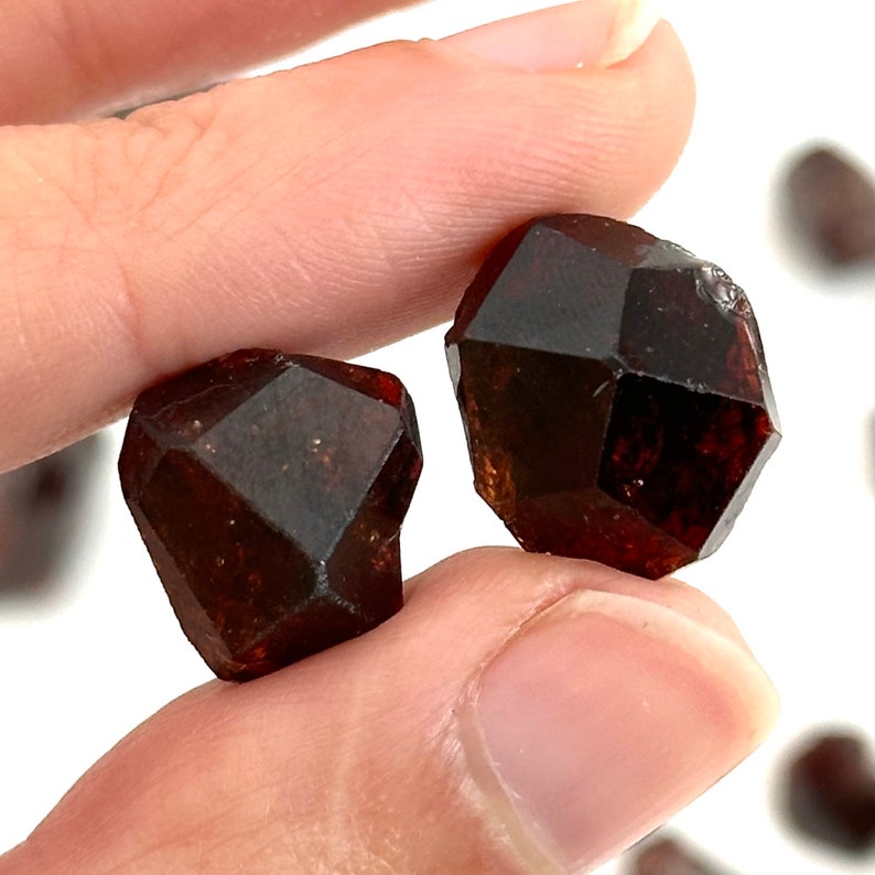 May include: Two dark red, faceted, gemstone crystals. The crystals are in the shape of a dodecahedron.