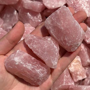 May include: A collection of raw rose quartz crystals in various sizes and shapes. The crystals are a pale pink color and have a natural, rough texture.
