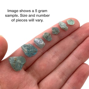 May include: A close-up of a hand holding a variety of small, blue-green, rough, natural, gemstone crystals. The image shows a 5 gram sample. Size and number of pieces will vary.