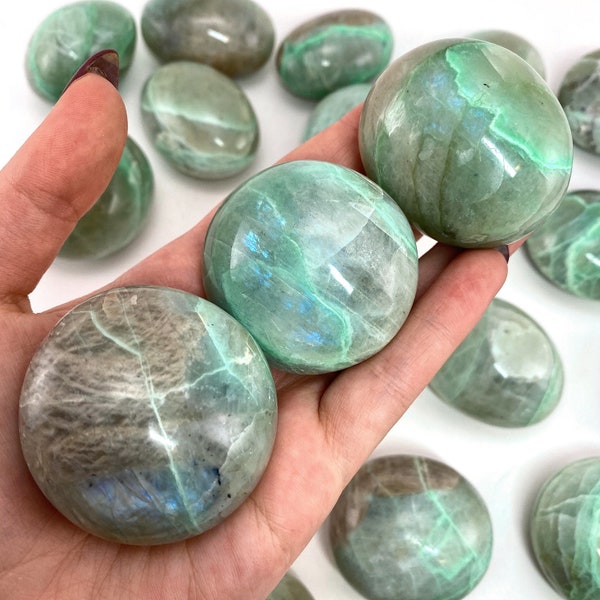 Garnierite Palm Stone - Blue Flash GUARANTEED, garnierite, polished garnierite, garnierite palmstone, crystal palm stone