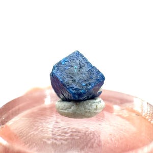 Op de afbeelding: Een klein, gefacetteerd, diepblauw mineraal specimen. De edelsteen staat op een kleine, lichtgekleurde basis, met een roze oppervlak op de voorgrond en een witte achtergrond. Het mineraal heeft een ruw, getextureerd oppervlak.