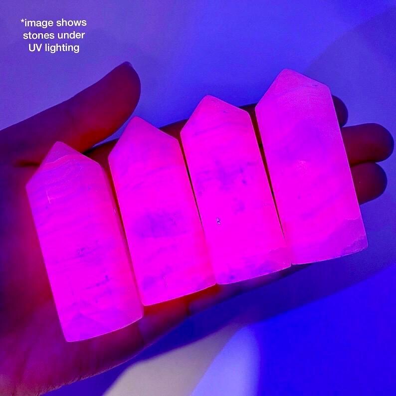 Mangano Calcite Point | pink UV reactive crystal tower, polished natural gemstone wand, fluorescent mineral image 7