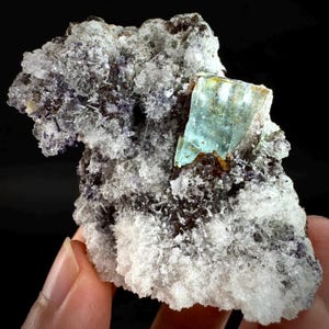 Op de afbeelding: Een close-up van een mineraalmonster met een doorschijnende, lichtblauwe kristalformatie. Het kristal is geplaatst tegen een matrix van grijze, witte en donkerbruine mineralen. De algehele textuur is ruw en kristallijn.