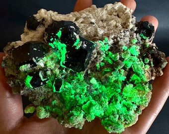 UV Reactive Hyalite Opal on Black Tourmaline & Feldspar | Fluorescent Mineral Specimen from Namibia