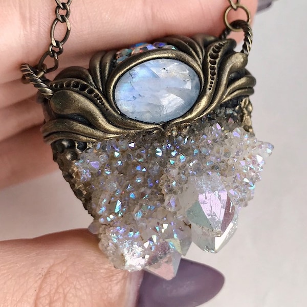 Moonstone & Angel Aura Spirit Quartz Necklace