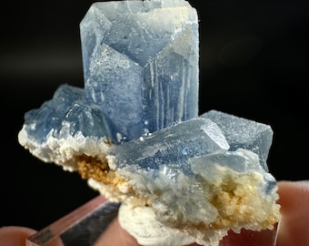 Blue Celestite on Calcite (Afghanistan), terminated celestite cluster, dark blue celestite, mineral specimen, natural celestite