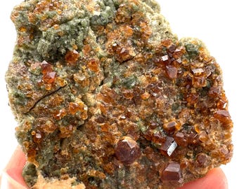 Spessartine Garnet w/ Epidote (Pakistan) | orange garnet crystal, mineral specimen