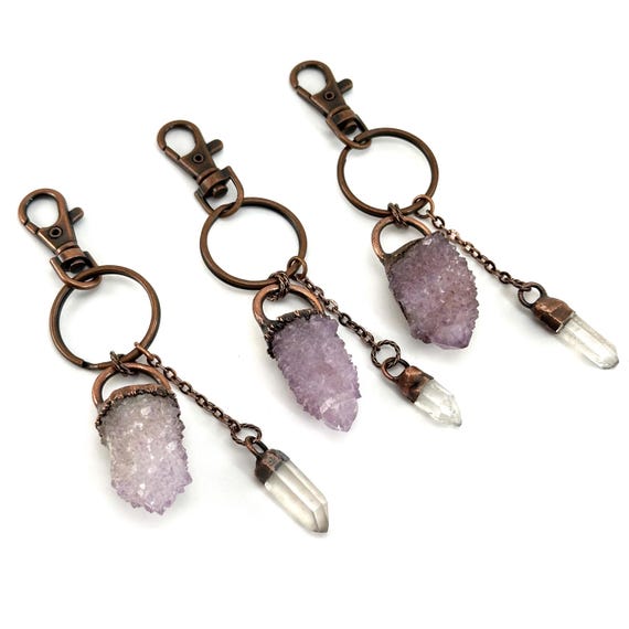 Spirit Quartz Crystal Keychain | Handmade Copper Gemstone Bag Charm