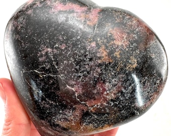 Polished Rhodonite Heart Palm Stone (10.5 x 9.2 Cm)