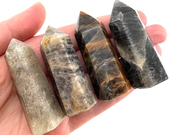 May include: Four black, brown, and grey gemstone points, also known as sunstone points, are arranged in a row. The points are smooth and polished, with a variety of colors and patterns.