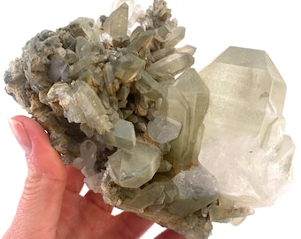 Green phantom quartz cluster (Pakistan) | green phantom quartz, chlorite quartz, green chlorite quartz