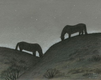 Drawing of horses on the evening pasture, California landscape, horse art, giclee prints, outdoors scene, colored pencil